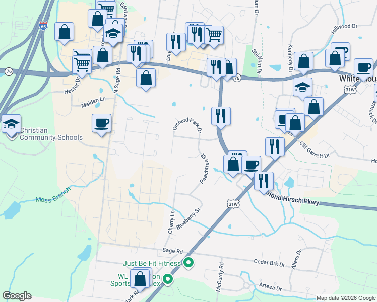 map of restaurants, bars, coffee shops, grocery stores, and more near 103 Cider Mill Court in White House
