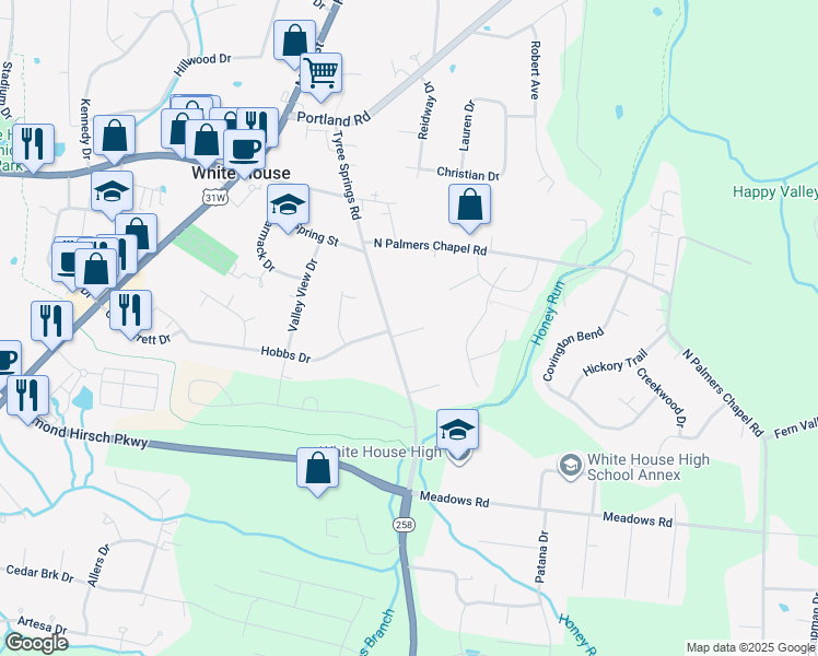 map of restaurants, bars, coffee shops, grocery stores, and more near 308 Tyree Springs Road in White House