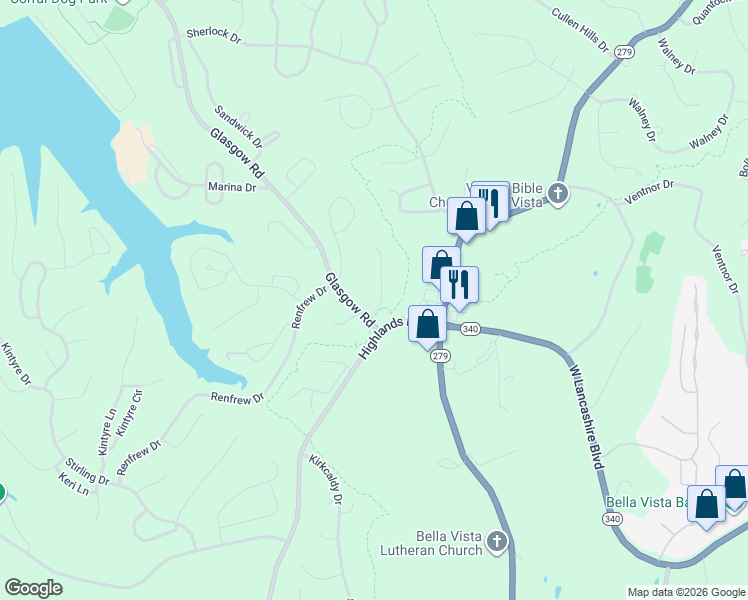 map of restaurants, bars, coffee shops, grocery stores, and more near 5 Timbercrest Lane in Bella Vista