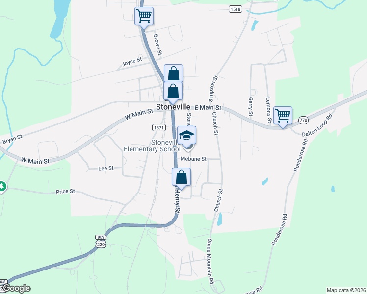 map of restaurants, bars, coffee shops, grocery stores, and more near 203 Stone Street in Stoneville
