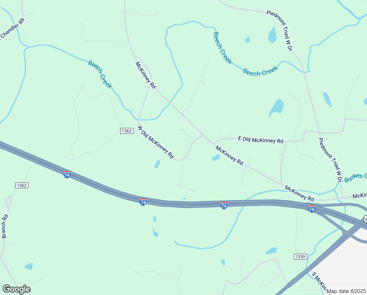 map of restaurants, bars, coffee shops, grocery stores, and more near 216 West Old McKinney Road in Mount Airy
