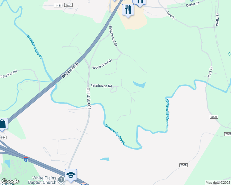 map of restaurants, bars, coffee shops, grocery stores, and more near 146 Cypress Circle in Mount Airy