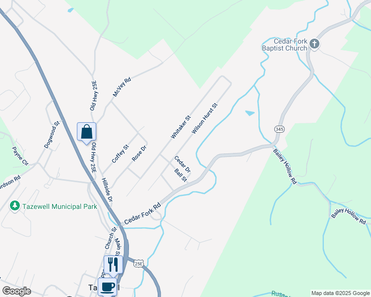 map of restaurants, bars, coffee shops, grocery stores, and more near 313 Wilson Hurst Street in Tazewell