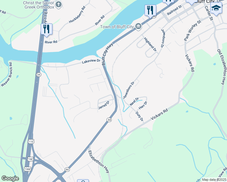 map of restaurants, bars, coffee shops, grocery stores, and more near Bluff City Highway in Bluff City