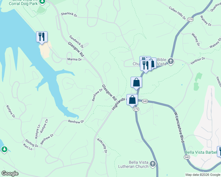 map of restaurants, bars, coffee shops, grocery stores, and more near 5 Timbercrest Lane in Bella Vista