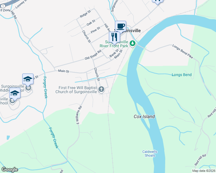 map of restaurants, bars, coffee shops, grocery stores, and more near 121 Henderson Street in Surgoinsville