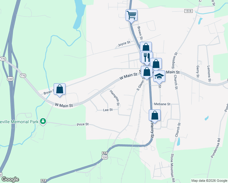 map of restaurants, bars, coffee shops, grocery stores, and more near 101 Hampton Street in Stoneville