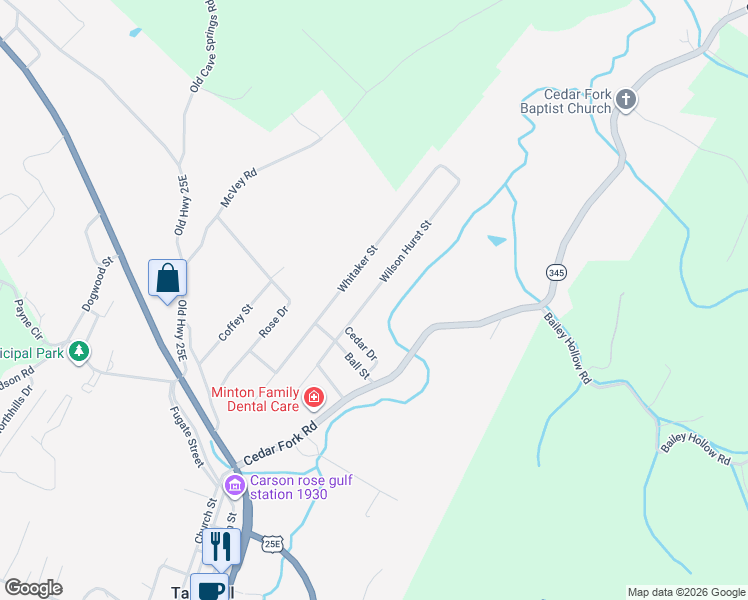 map of restaurants, bars, coffee shops, grocery stores, and more near 323 Wilson Hurst Street in Tazewell