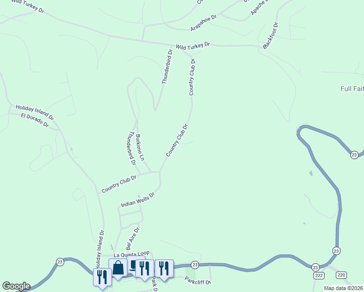 map of restaurants, bars, coffee shops, grocery stores, and more near 43 Country Club Drive in Eureka Springs