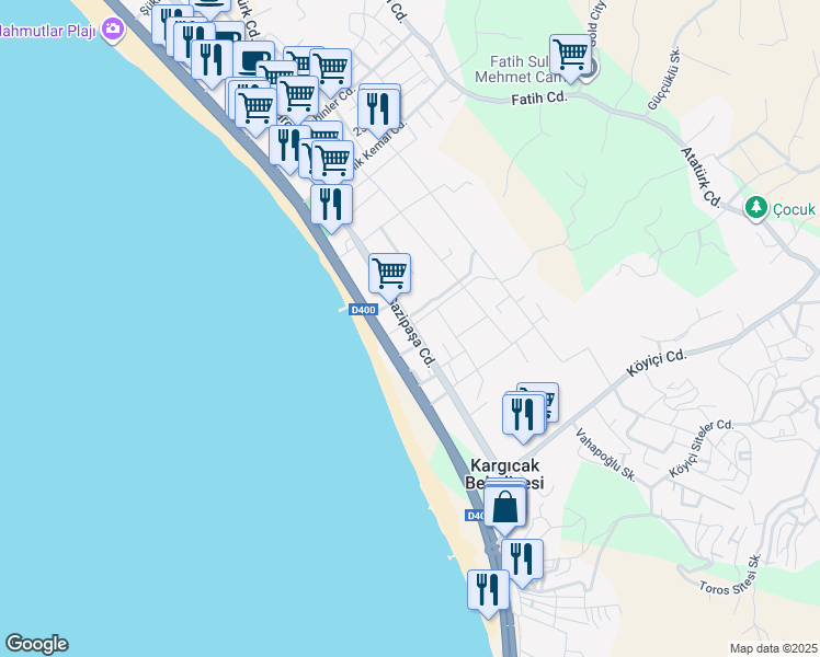 map of restaurants, bars, coffee shops, grocery stores, and more near Gazipaşa Caddesi in Alanya