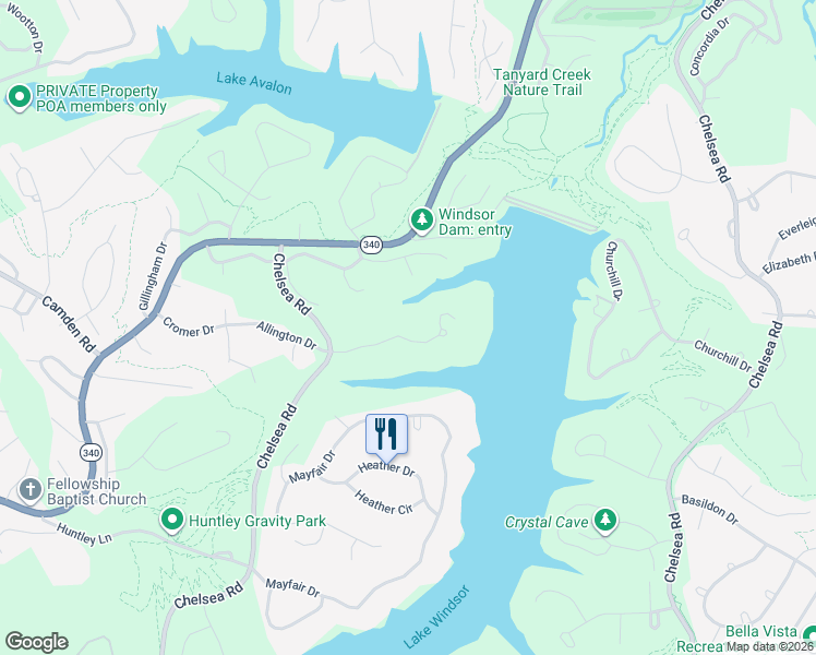 map of restaurants, bars, coffee shops, grocery stores, and more near 19 Neffwood Lane in Bella Vista