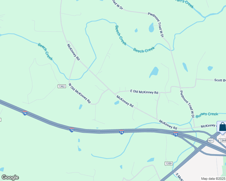 map of restaurants, bars, coffee shops, grocery stores, and more near 590 McKinney Road in Mount Airy