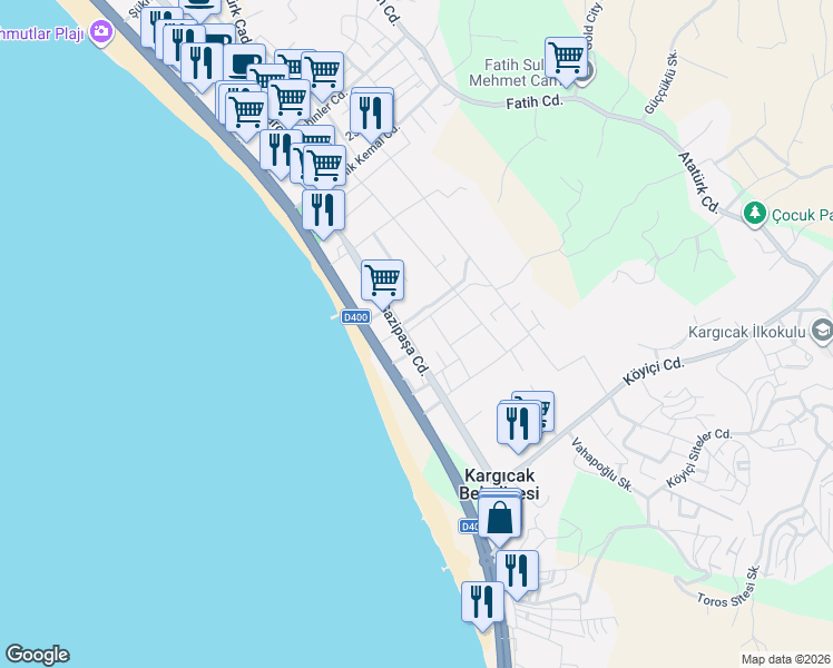 map of restaurants, bars, coffee shops, grocery stores, and more near 25A Gazipaşa Caddesi in Alanya
