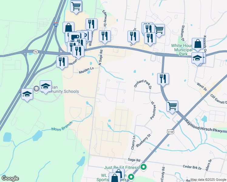 map of restaurants, bars, coffee shops, grocery stores, and more near 105 Dorchester Drive in White House
