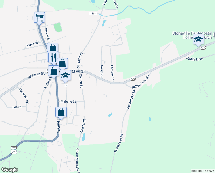 map of restaurants, bars, coffee shops, grocery stores, and more near 502 East Main Street in Stoneville