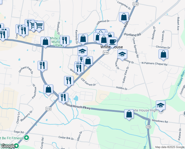 map of restaurants, bars, coffee shops, grocery stores, and more near 102 Hobbs Drive in White House