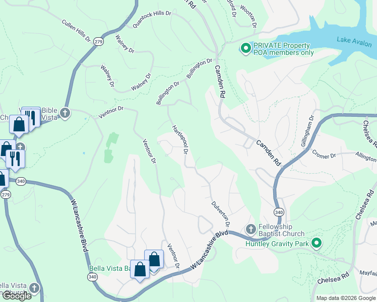 map of restaurants, bars, coffee shops, grocery stores, and more near 16 Hartlepool Drive in Bella Vista