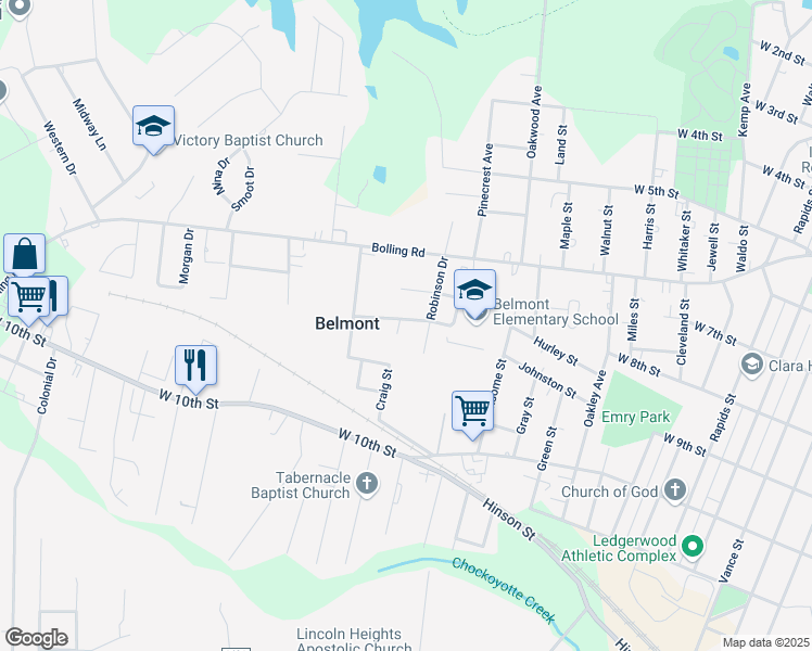 map of restaurants, bars, coffee shops, grocery stores, and more near 100 Suzanne Circle in Roanoke Rapids