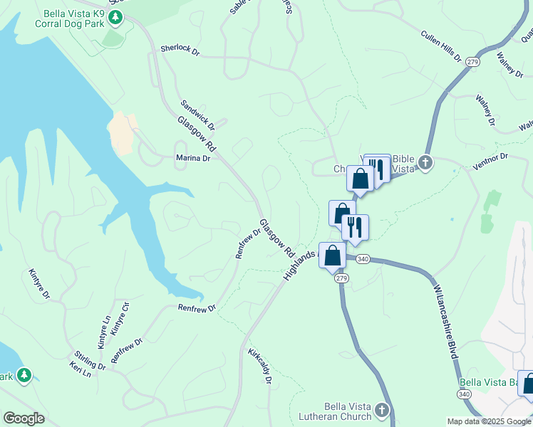 map of restaurants, bars, coffee shops, grocery stores, and more near 7 Dunedin Drive in Bella Vista