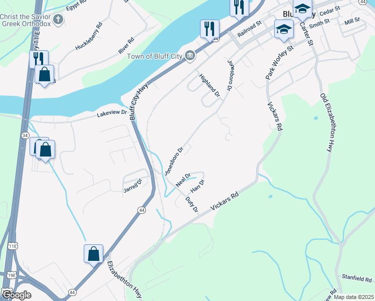 map of restaurants, bars, coffee shops, grocery stores, and more near 428 Jonesboro Drive in Bluff City