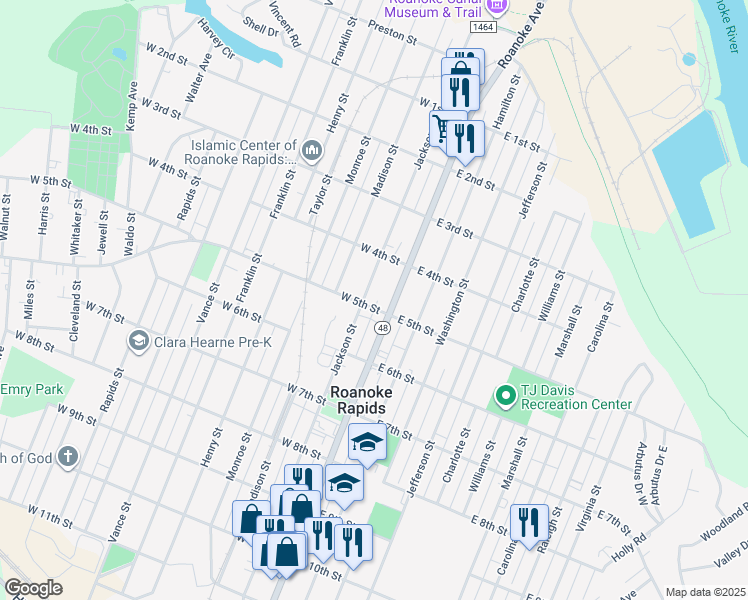 map of restaurants, bars, coffee shops, grocery stores, and more near 444 Jackson Street in Roanoke Rapids