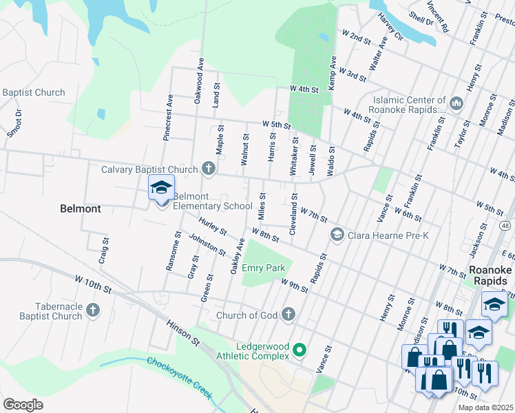 map of restaurants, bars, coffee shops, grocery stores, and more near 671 Miles Street in Roanoke Rapids