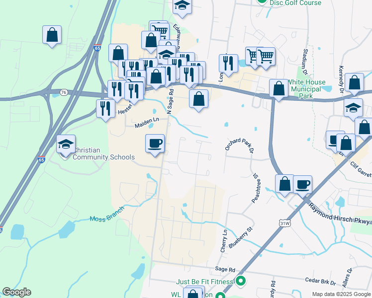 map of restaurants, bars, coffee shops, grocery stores, and more near 105 Dorchester Drive in White House