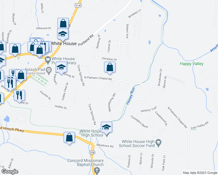 map of restaurants, bars, coffee shops, grocery stores, and more near 425 North Palmers Chapel Road in White House