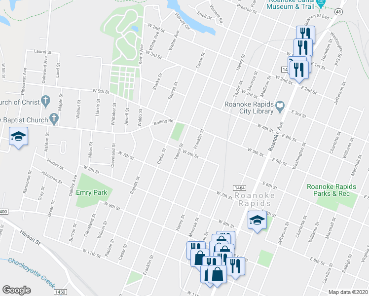 map of restaurants, bars, coffee shops, grocery stores, and more near 575 West 6th Street in Roanoke Rapids