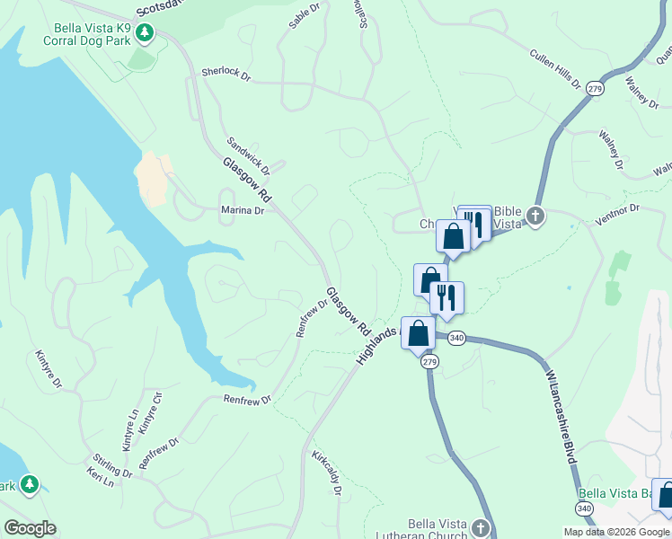 map of restaurants, bars, coffee shops, grocery stores, and more near 7 Dunedin Drive in Bella Vista
