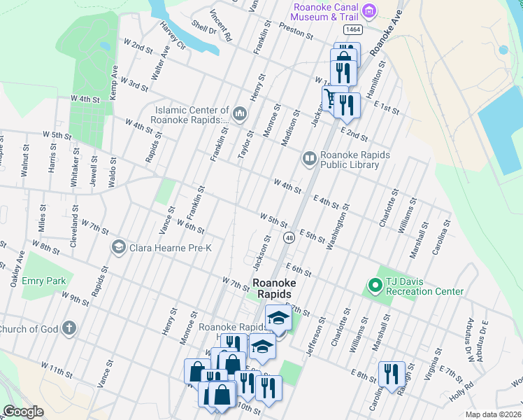 map of restaurants, bars, coffee shops, grocery stores, and more near 173 West 5th Street in Weldon