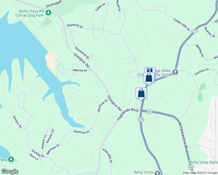 map of restaurants, bars, coffee shops, grocery stores, and more near 7 Dunedin Drive in Bella Vista
