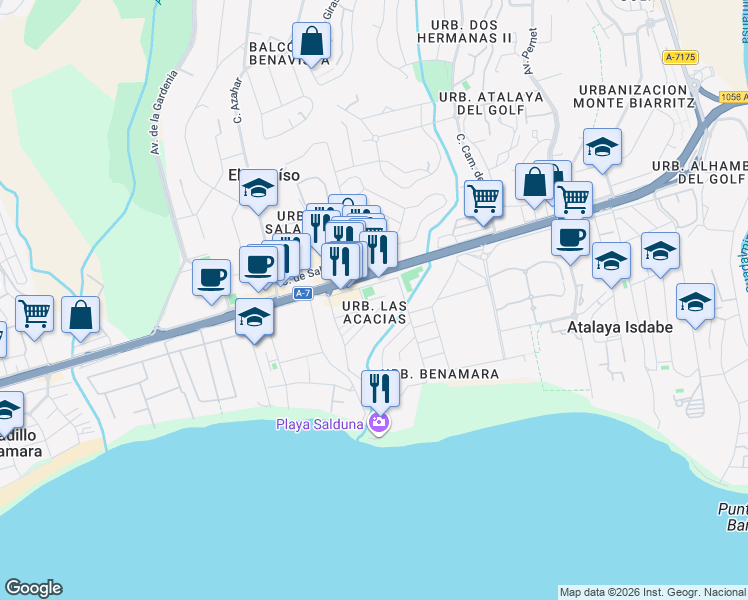 map of restaurants, bars, coffee shops, grocery stores, and more near km 167 N-340 in Estepona