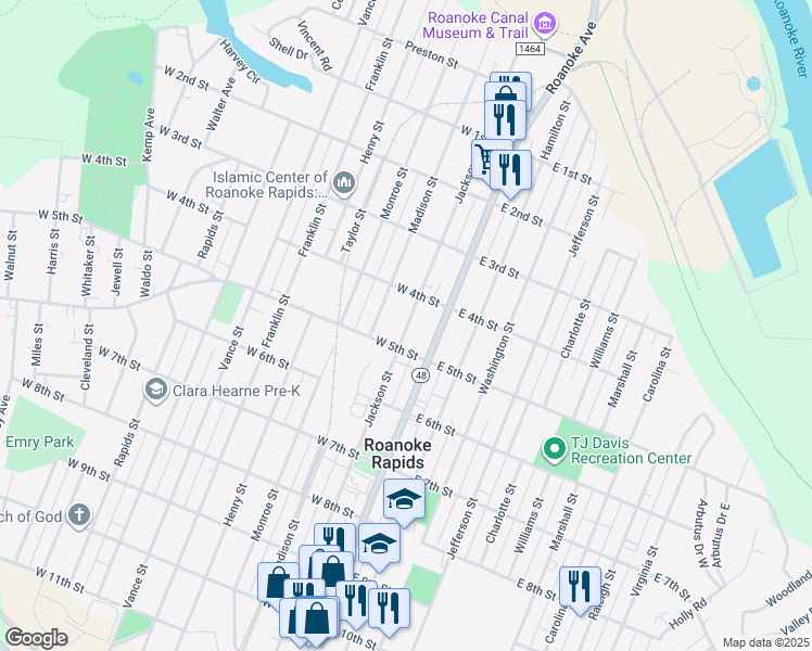 map of restaurants, bars, coffee shops, grocery stores, and more near 444 Jackson Street in Roanoke Rapids