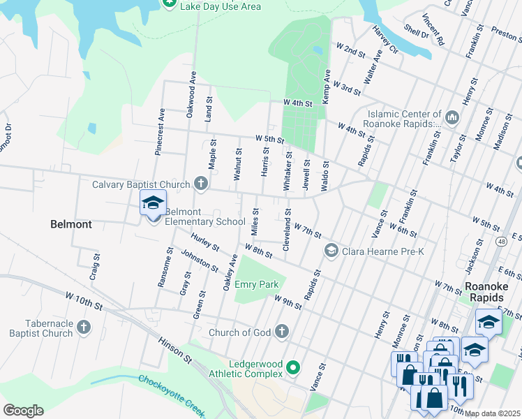 map of restaurants, bars, coffee shops, grocery stores, and more near 671 Miles St in Roanoke Rapids