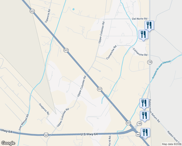 map of restaurants, bars, coffee shops, grocery stores, and more near 71 New Mexico 522 in El Prado