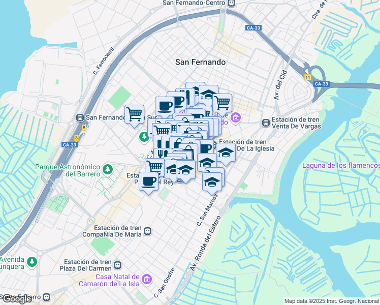 map of restaurants, bars, coffee shops, grocery stores, and more near 18 Calle las Cortes in San Fernando