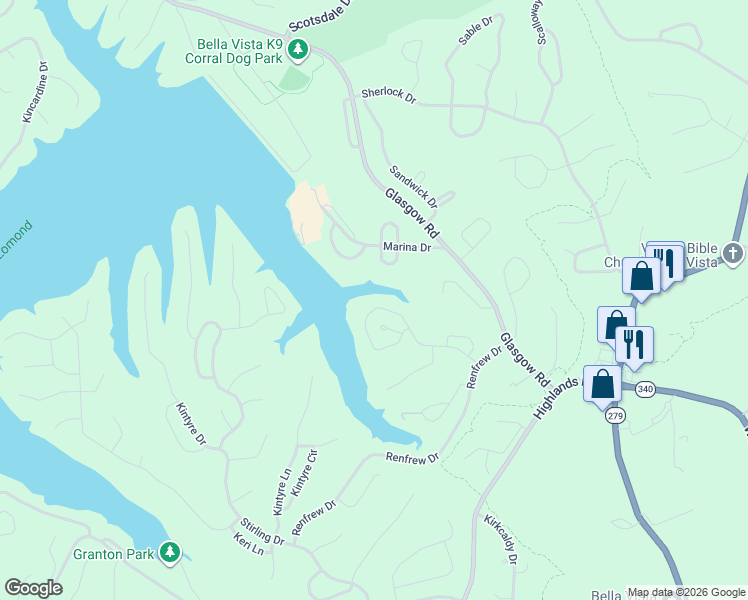 map of restaurants, bars, coffee shops, grocery stores, and more near 7 Cheviot Trce in Bella Vista