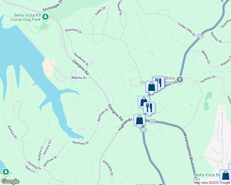 map of restaurants, bars, coffee shops, grocery stores, and more near 33 Dunedin Drive in Bella Vista
