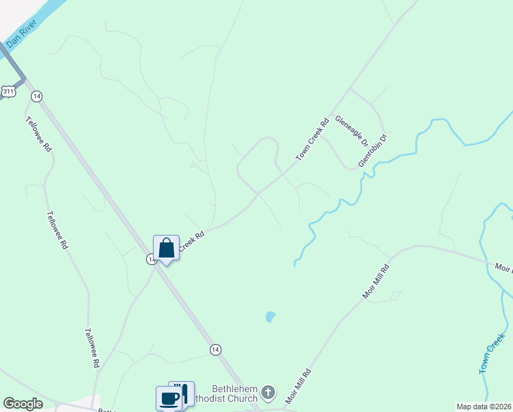 map of restaurants, bars, coffee shops, grocery stores, and more near 1416 Town Creek Road in Eden