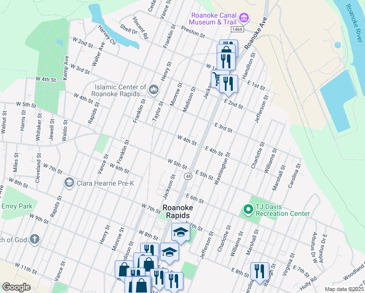map of restaurants, bars, coffee shops, grocery stores, and more near 166 West 4th Street in Weldon