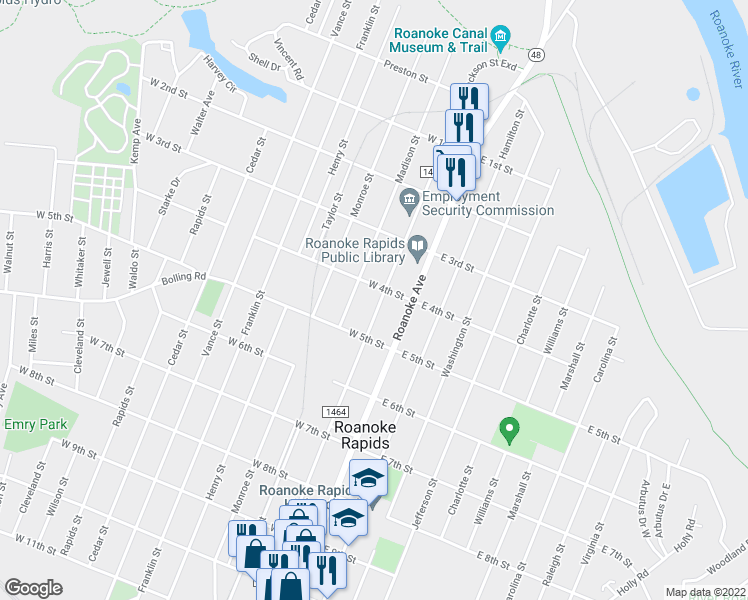 map of restaurants, bars, coffee shops, grocery stores, and more near 405 Jackson Street in Roanoke Rapids