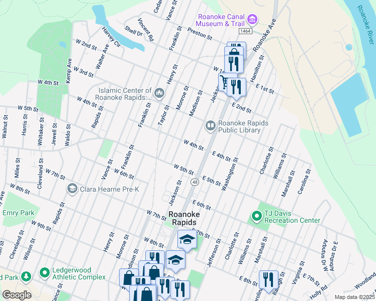map of restaurants, bars, coffee shops, grocery stores, and more near 166 West 4th Street in Weldon