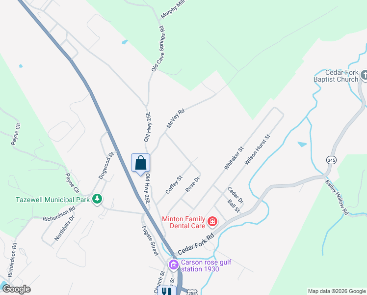 map of restaurants, bars, coffee shops, grocery stores, and more near 2019 Rose Drive in Tazewell