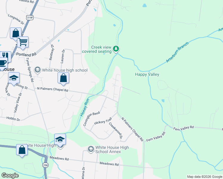 map of restaurants, bars, coffee shops, grocery stores, and more near 117 Brookview Drive in White House
