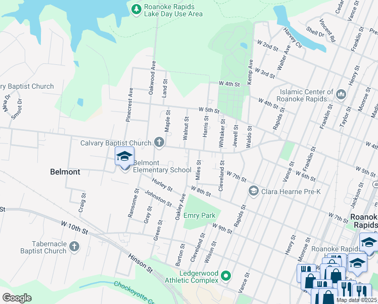 map of restaurants, bars, coffee shops, grocery stores, and more near 614 Oakley Avenue in Roanoke Rapids