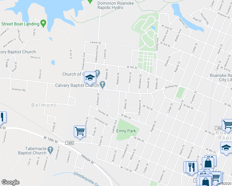 map of restaurants, bars, coffee shops, grocery stores, and more near 1302 Bolling Road in Roanoke Rapids