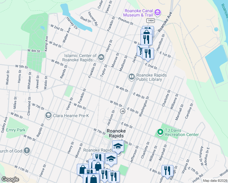 map of restaurants, bars, coffee shops, grocery stores, and more near 409 Madison Street in Roanoke Rapids