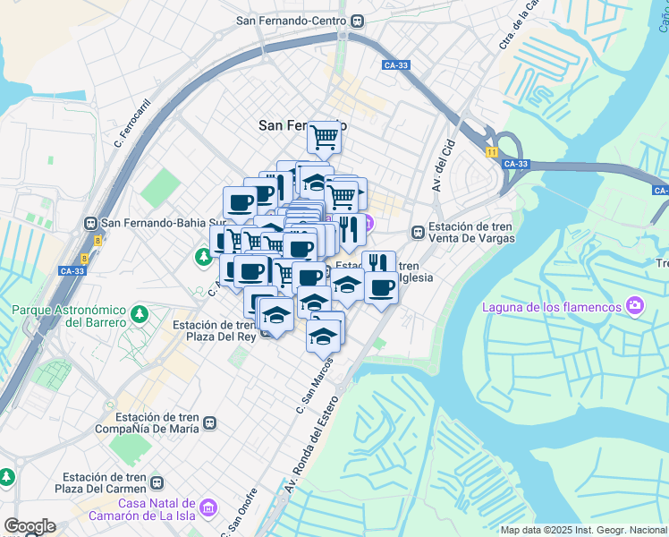 map of restaurants, bars, coffee shops, grocery stores, and more near 18 Calle Real in San Fernando