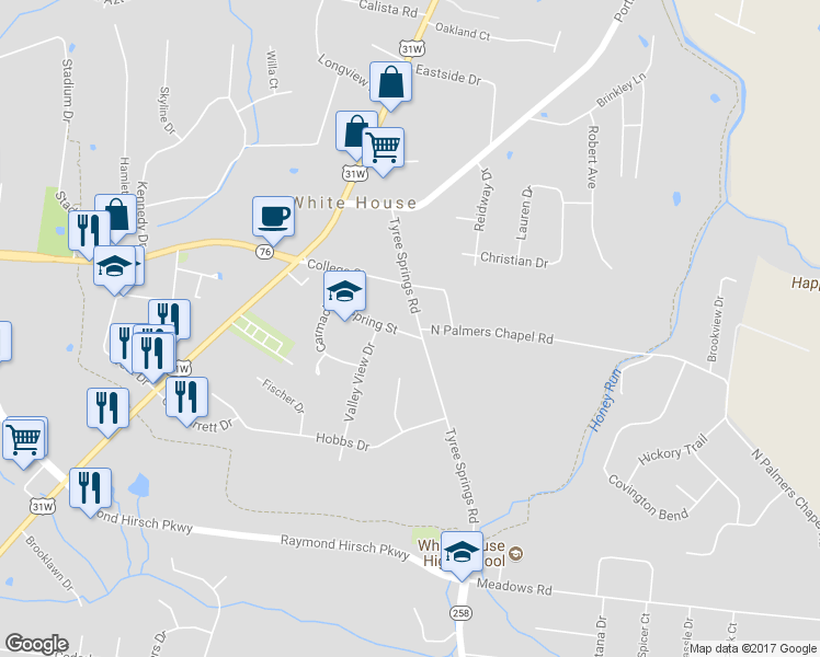 map of restaurants, bars, coffee shops, grocery stores, and more near 115 Tyree Springs Road in White House